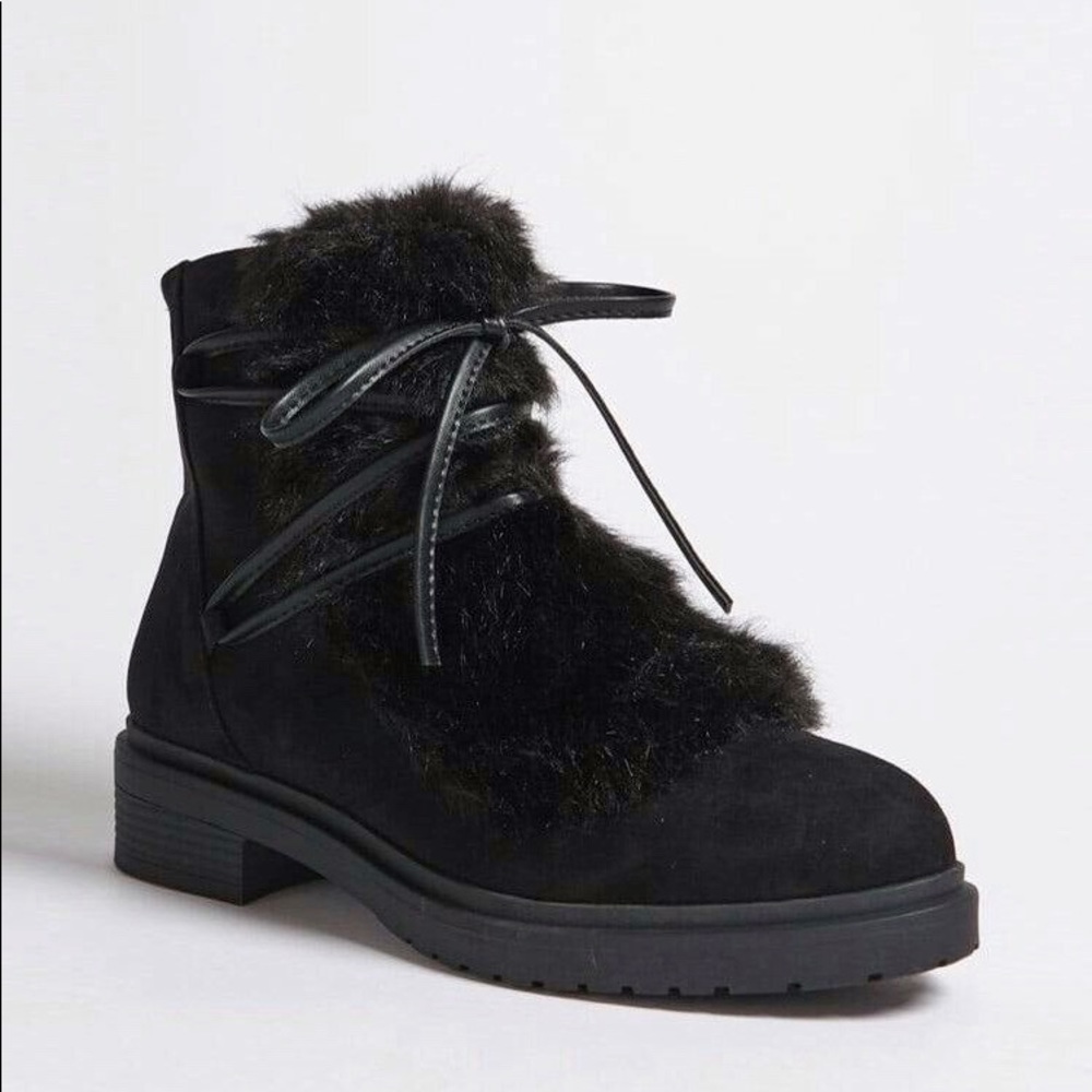 Black Faux Fur Bow Lace Tie Ankle Boots Booties